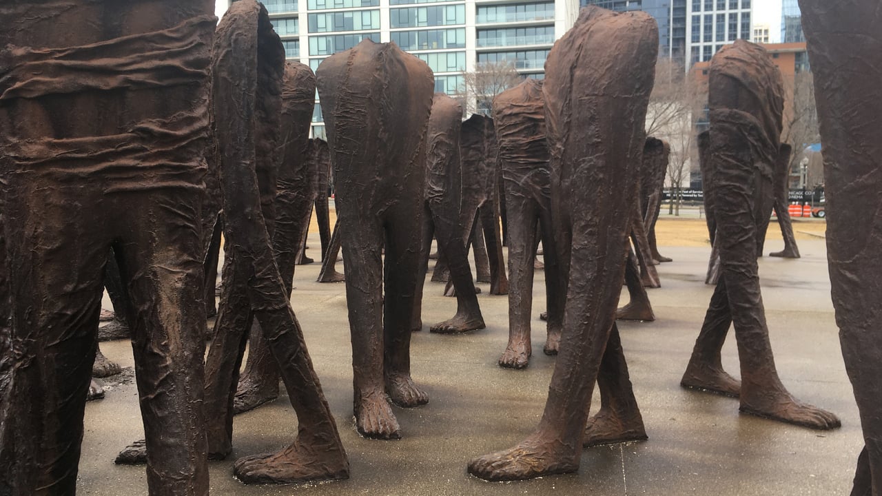 Headless and armless iron sculptures at the south end of Grant Park in Chicago.