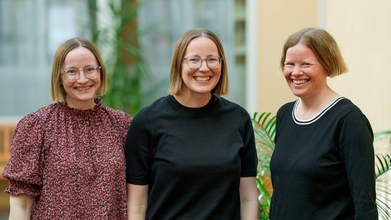 Tre systrar som st&aring;r portr&auml;tterade bredvid varandra.