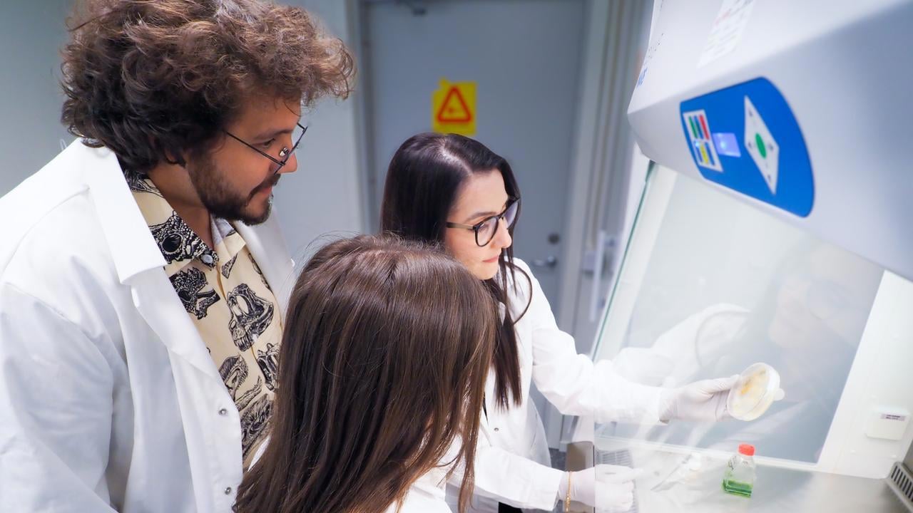 Alef dos Santos, Merve Yesilbas and the student assistant by a fume hood