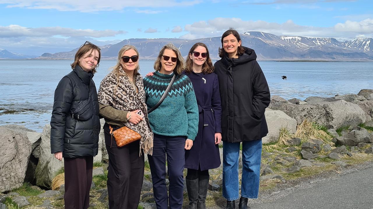 Gruppbild taget p&aring; Island med vatten och berg i bakgrunden.