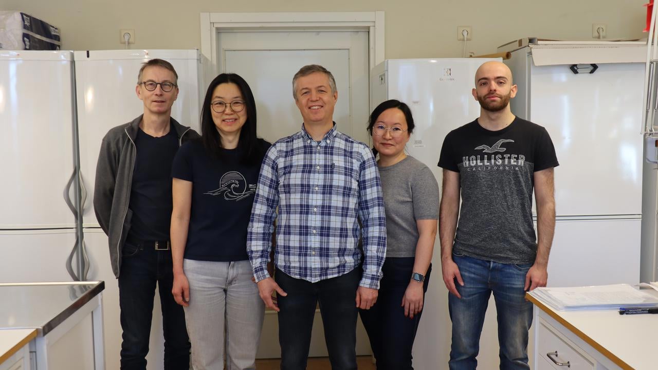 Gruppbild p&aring; fem forskare som arbetar med genetik p&aring; Instituionen f&ouml;r molekyl&auml;rbiologi
