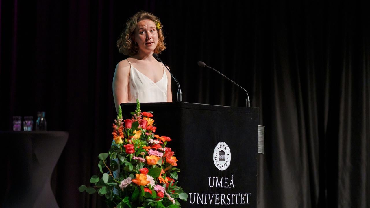 Ume&aring; University's 2025 graduation ceremony student speaker standing at podium