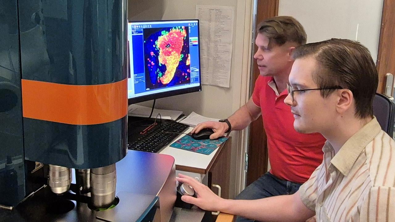 Doktorand Joakim Lehrstrand (n&auml;rmast) och Professor Ulf Ahlgren framf&ouml;r ett sk. ljusf&auml;ltsmikroskop, en av de tekniker de anv&auml;nder f&ouml;r att skapa tredimensionella bilder av bukspottk&ouml;rteln vid diabetes.