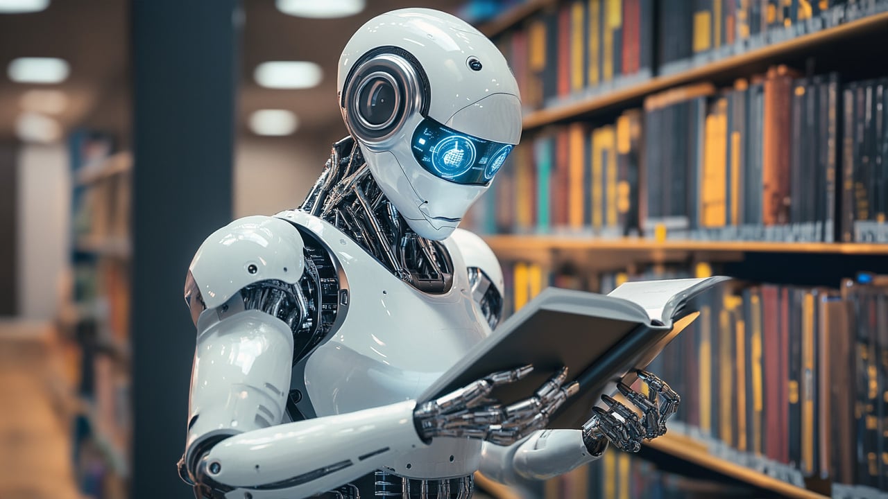 Robot som l&auml;ser i ett bibliotek