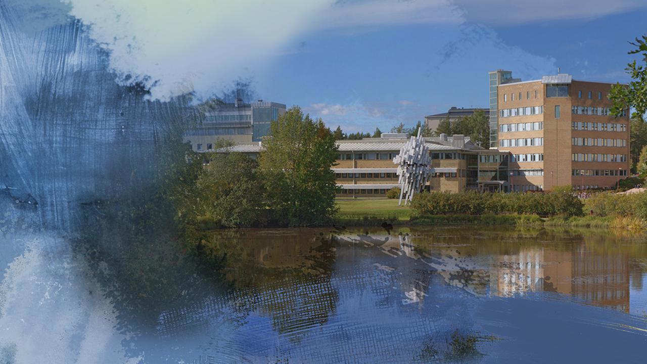 Abstrakta f&auml;rgformer i bl&aring;tt och orange &ouml;verlagrar ett fotografi av campusbyggnader vid campusdammen.