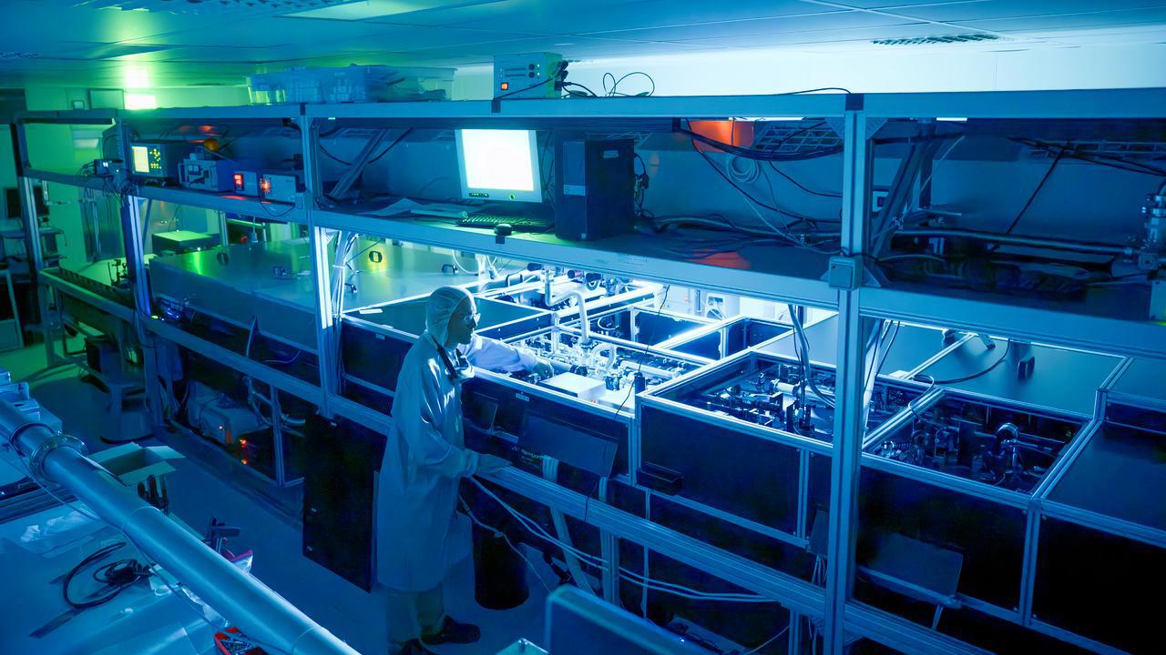 Laszlo Veisz aligning the Light Wave Synthesizer 100 (LWS100) laser at the Relativistic Attosecond Physics Laboratory (REAL), Department of Physics