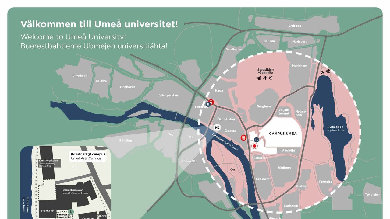 Karta &ouml;ver Ume&aring; och Konstn&auml;rligt campus.
