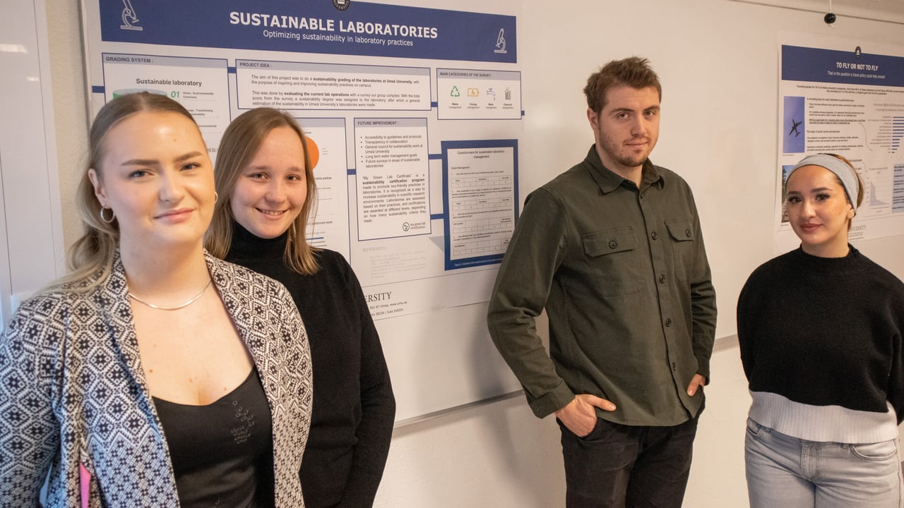 Bild p&aring; studenterna Julia Svedh, Paula Attenkirch, Felix Selin och Asma Selhami st&aring;ende vid sin posterpresentation som satts upp p&aring; en v&auml;gg.