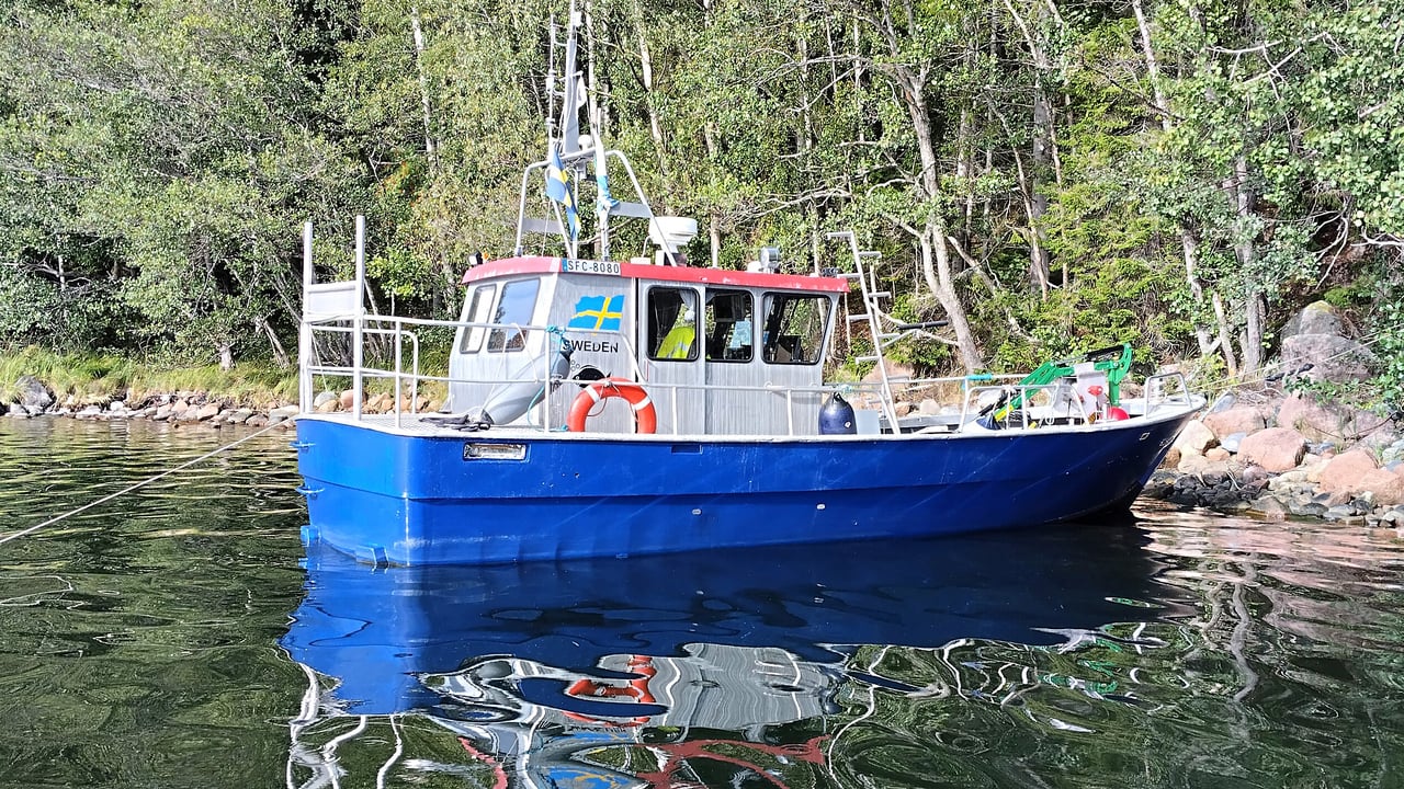 En tio meter l&aring;ng b&aring;t med bl&aring;tt skrov ligger ankrad vid en stenig strand.