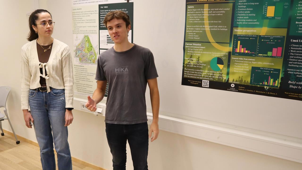 Bild p&aring; studenterna Jum Krolokowski och Jurgi Irurieta st&aring;ende vid poster under redovisning av projektarbete.