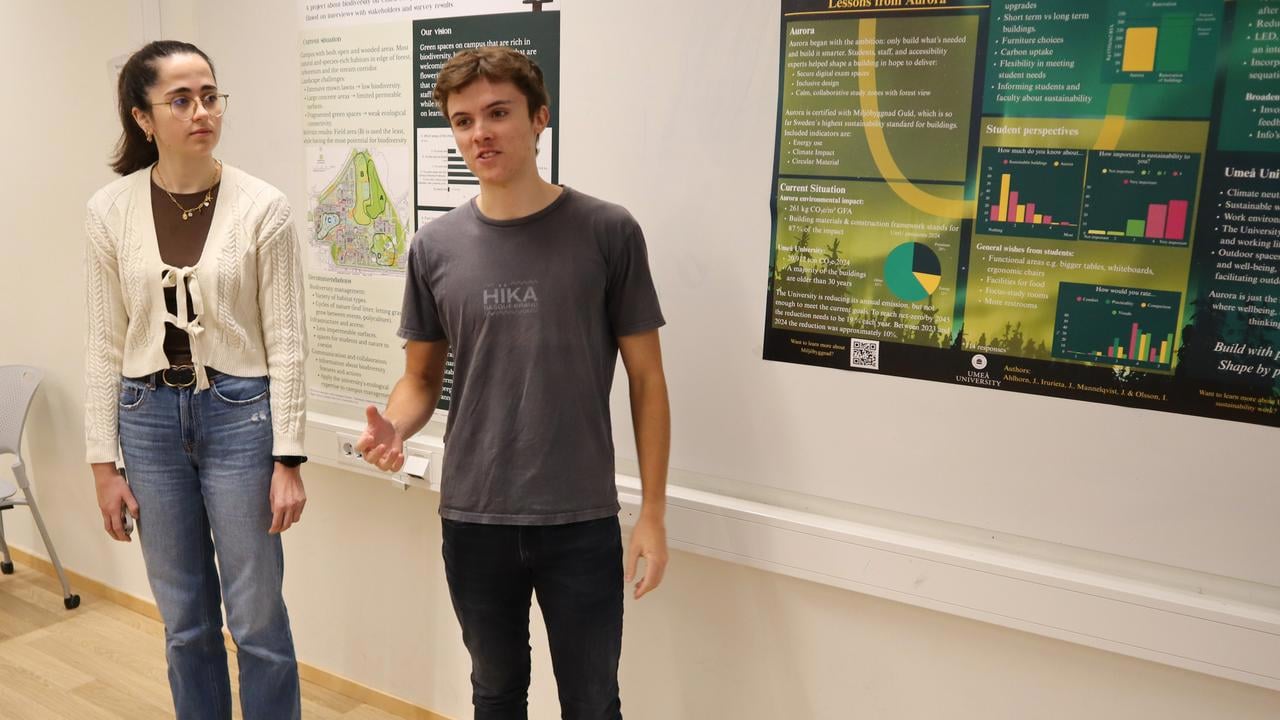 Bild p&aring; studenterna Jum Krolikowski och Jurgi Irurieta st&aring;ende vid poster under redovisning av projektarbete.