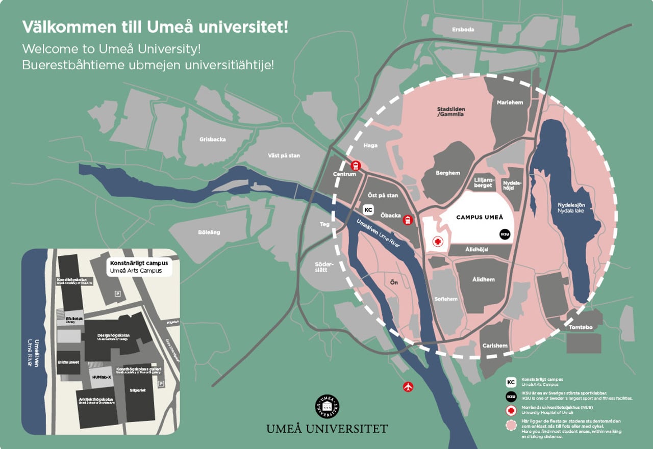 Bild p&aring; karta &ouml;ver Konstn&auml;rligt campus och campusomr&aring;denas placering i Ume&aring; stad.