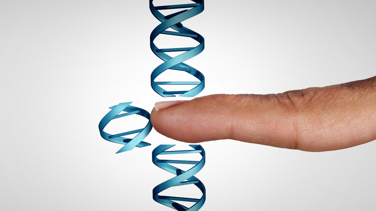 CRISPR-tekniken illustrerad med ett finger som petar ur en sekvens fr&aring;n DNA-spiral.