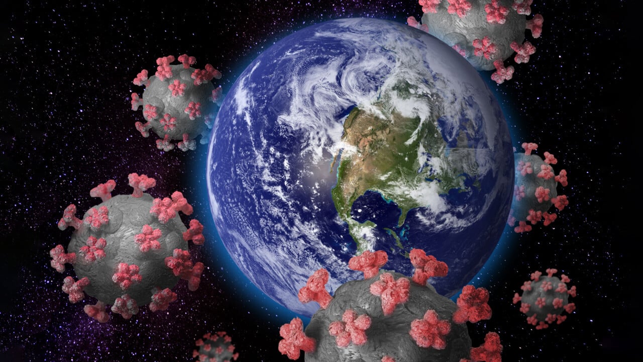 Jorden med animerade coronavirus runtom f&ouml;r att illustrera coronapandemin och virusets spridning.