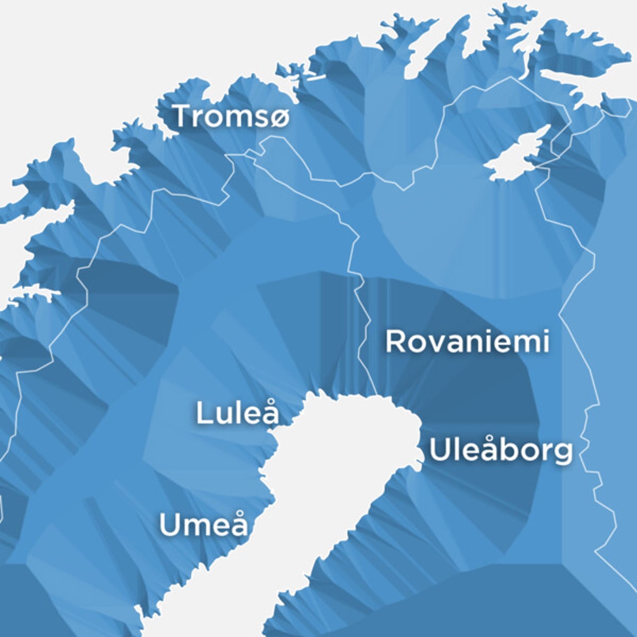 Karta &ouml;ver norra Sverige, Norge och Finland med st&auml;derna Ume&aring;, Lule&aring;, Troms&ouml;, Rovaniemi och Ule&aring;borg markerade