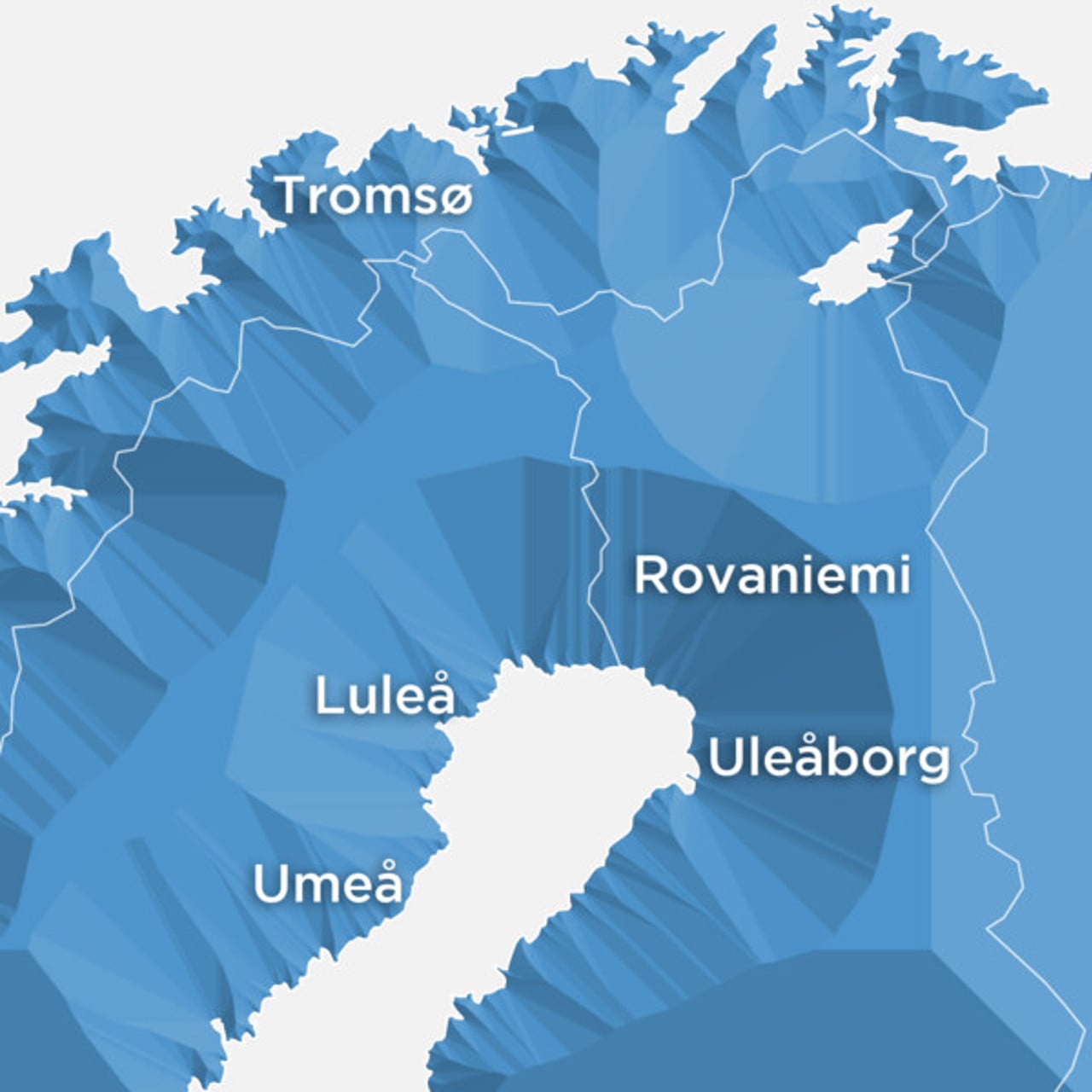 Map of northern Sweden, Norway and Finland with the cities of Ume&aring;, Lule&aring;, Troms&ouml;, Rovaniemi and Oulu marked