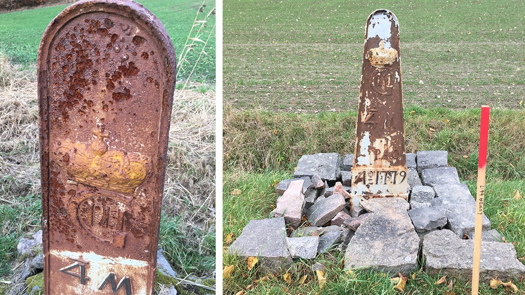 Collage av tv&aring; bilder p&aring; milstolpar skadade av korrosion fr&aring;n v&auml;gsalt