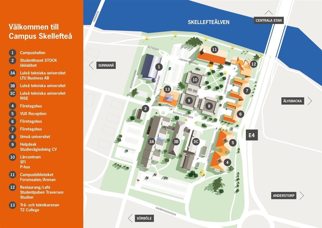 Bild p&aring; karta &ouml;ver Campus Skellefte&aring;.