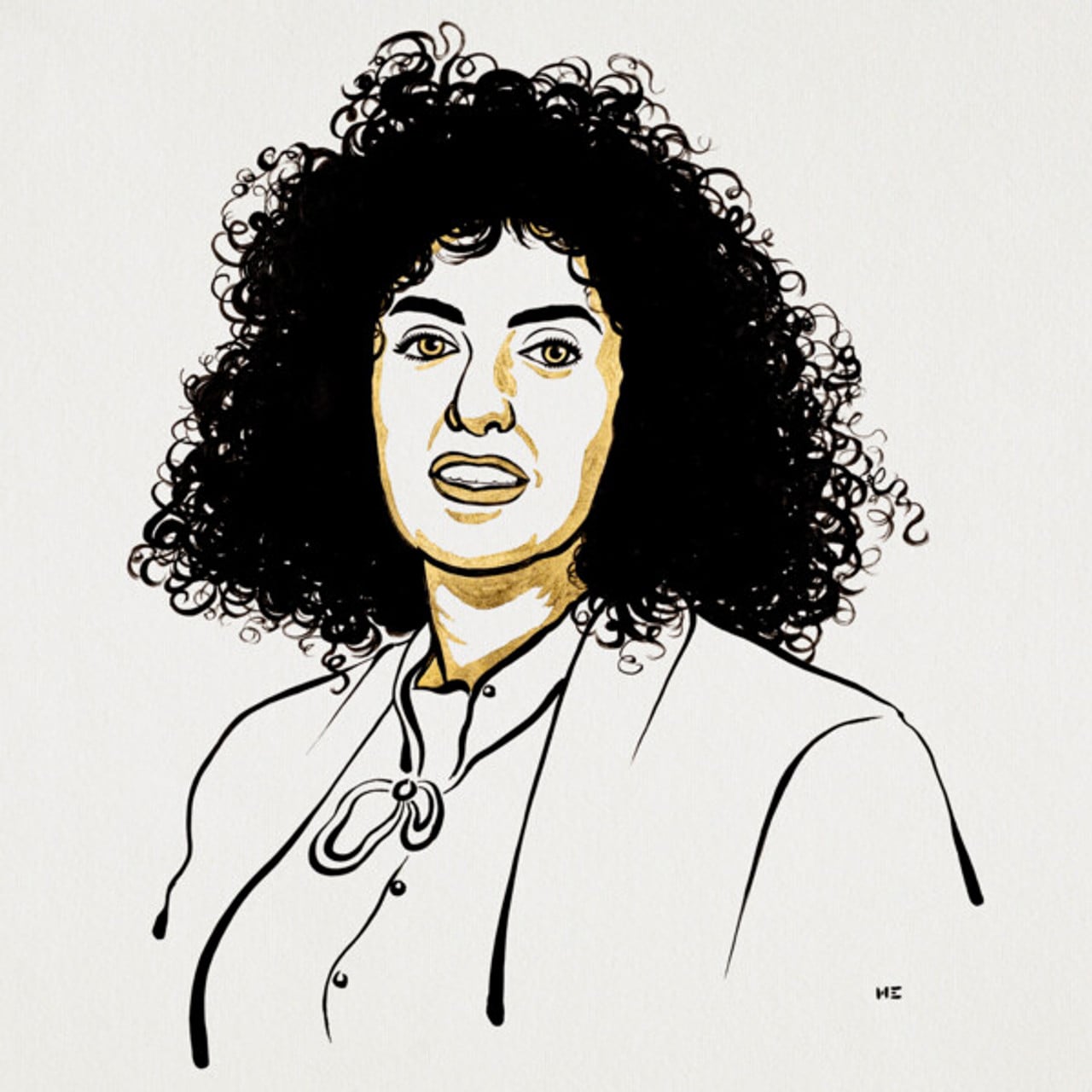 Illustraterande portr&auml;tt av Narges Mohammadi.