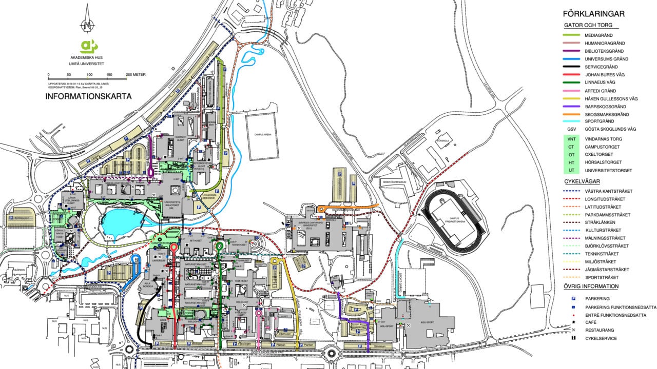 Bild &ouml;ver karta med gatuadresser f&ouml;r Ume&aring; universitet, Campus Ume&aring;.