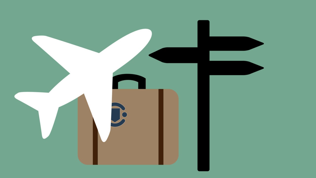 Illustration av ett flygplan, en resev&auml;ska och en v&auml;gvisare f&ouml;r att illustrera utlandsstudier.