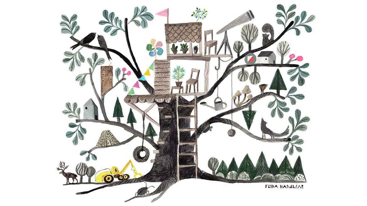 Illustration av en tr&auml;dkoja i ett tr&auml;d omgivet av skog, djur och skogsmaskiner