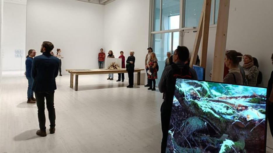 Människor på bildmuseet som tittar på konst.