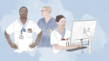 Illustrerar en man och två kvinnor som arbetar inom sjukvården.