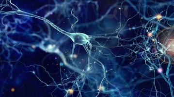 Conceptual illustration of neuron cells with glowing link knots in abstract dark space, high resolution 3D illustration