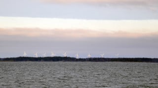 Hav och himmel från Örefjärden i december, med vindkraftverk i bakgrunden.