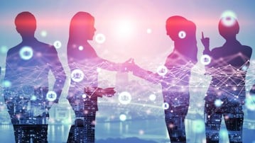 Creative image of many business people conference group meeting on city office building background showing partnership success of business deal. Concept of teamwork, trust and agreement.