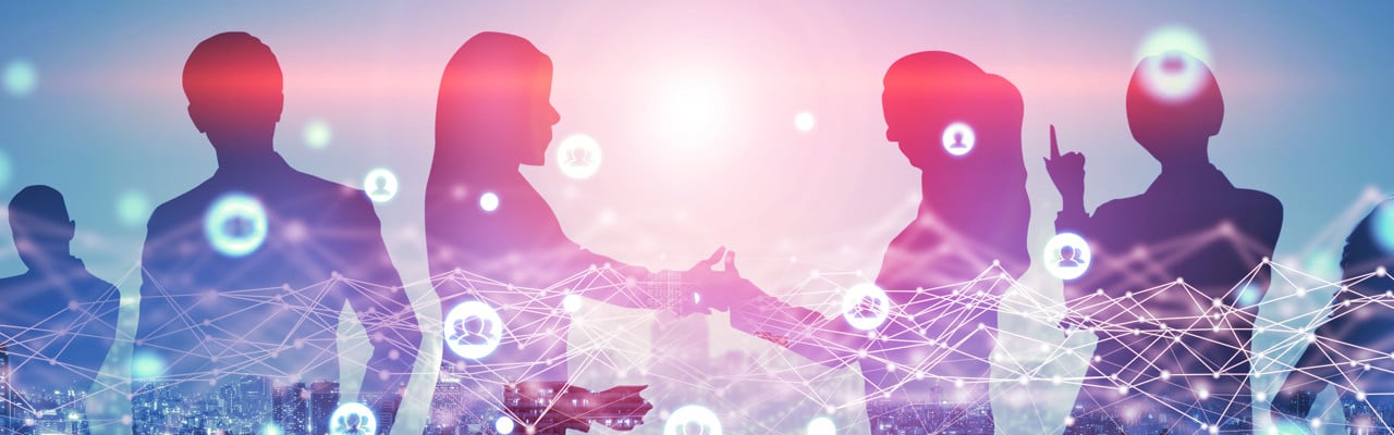Creative image of many business people conference group meeting on city office building background showing partnership success of business deal. Concept of teamwork, trust and agreement.