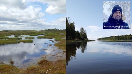 Photo montage wetlands and portrait of Kesava Priyan Ramasamy 