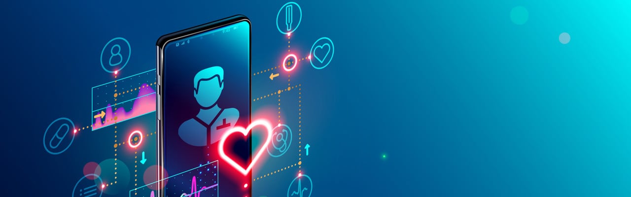 Online tele medicine isometric concept. Medical consultation and treatment via application of smartphone connected internet clinic.