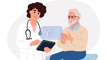 En läkare som undersöker en äldre man med artrit. Läkaren granskar röntgenbilderna av lederna på en surfplatta medan patienten beskriver symtom som stelhet eller smärta i händerna.