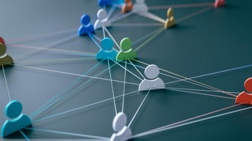 A concept that expresses the hyper-connected society of modern society by connecting people icons with lines, 3d rendering.