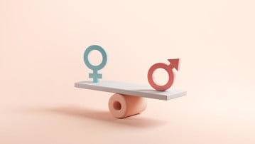 Gender equality concept. Male and female symbol on the scales with balance on blue background. minimal style, 3d render.