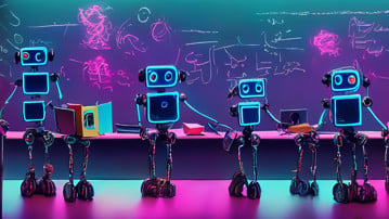 Robotar som sitter på rad i ett neonfärgat klassrum