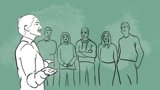Illustrerar en medarbetare/chef som pratar för en grupp människor. Det kan vara APT.