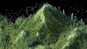 Digital rendering av ett skogsparti.
