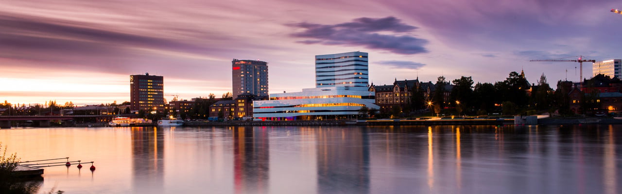 Vy över Umeå skyline med Väven. Tagen för Umeå kulturhuvudstadsår 2014.