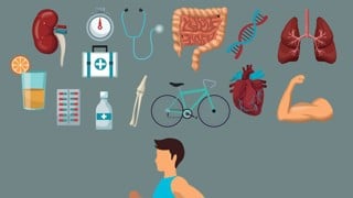 color background with set icons health elements and closeup full body sport man running vector illustration
