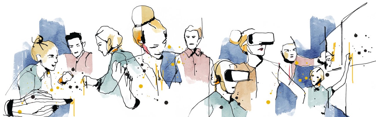 Illustration på temat Interaktiva fokusmiljöer till Aktum nr 1, 2016. Gjord av Cecilia Lundgren (Harvest Agency).