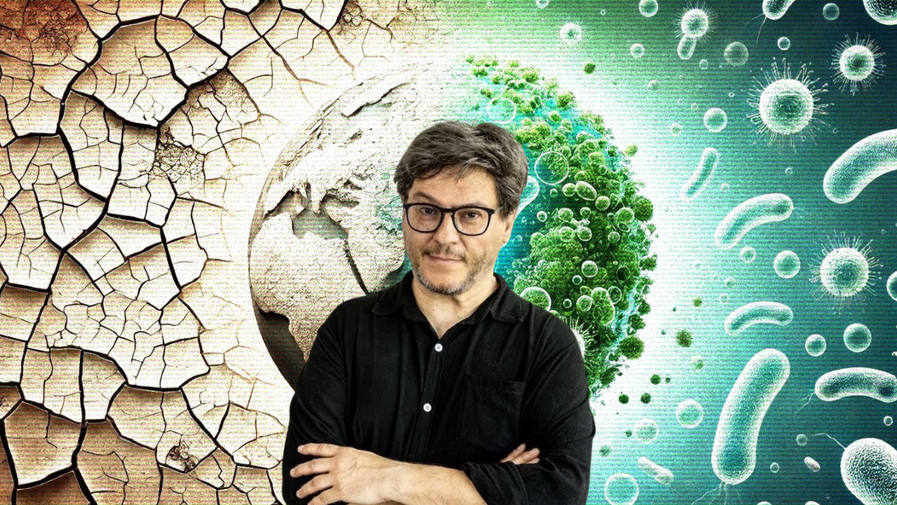 Ricard Solé, public speaker for the 15 year IceLab anniversary public lecture on terraforming ecosystems, seen here against an AI-generated backdrop depicting an arid ecosystem being transformed to a lush one thanks to synthetic organisms.