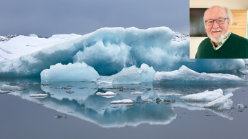 portrait of a man over an image of arctic ice