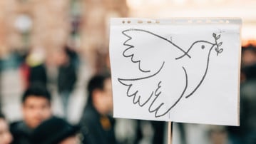Fredsduva på skylt vid manifestation i Strasbourg, Frankrike 11 januari 2015.