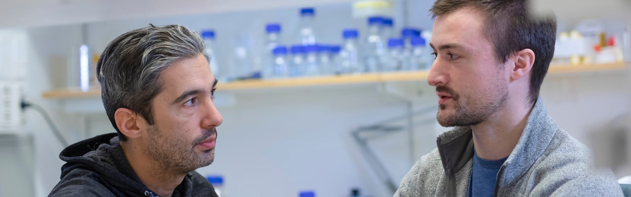 Professor Felipe Cava och doktorand Michael Gilmore, Institutionen för molekylärbiologi.