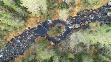 Aerial view of an unmodified boulder river showing the density of boulders and the diverse habitats these create
