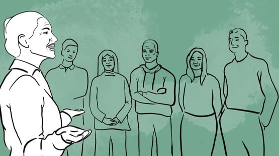 Illustrerar en medarbetare/chef som pratar för en grupp människor. Det kan vara APT.