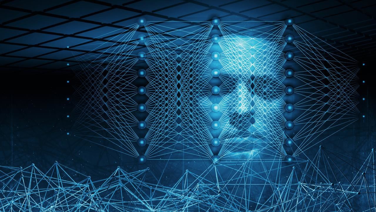 Artificiell intelligens. 3D-illustration med neurala nätverk och ett blått ansikte.